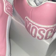 Brand New/Never Worn Moschino Couture Sneakers In Original Box Pink Low-top Sneakers With Logo Print, Pink Lace-up Sneakers With Embossed Logo, Pink Sneakers With Logo Print For Streetwear, Pink Low-top Sneakers With Logo, Pink High-top Sneakers With Logo Print, Pink High-top Sneakers With Logo, Pink Leather Sneakers With Logo Print, Casual Pink Sneakers With Embossed Logo, Pink Leather Sneakers With Logo