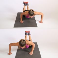 a woman doing a push up on a mat