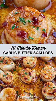 garlic butter scallops with text overlay that reads 10 minute lemon garlic butter scallops