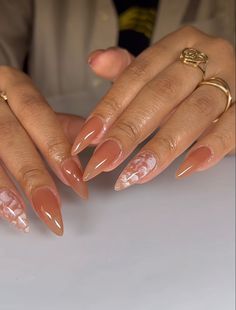 Oval Shaped Short Nails, Medium Nail Designs Almond, Transparent Brown Nails, Nude Thanksgiving Nails Acrylic, Creamy Brown Nails, Long Fall Nails 2023, Translucent Brown Nails, Simple Almond Nails Designs Neutral, Two Tone Nail Ideas