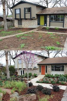 before and after pictures of a front yard landscaping project in the spring or early fall