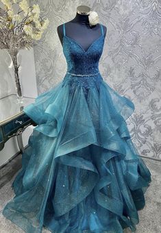 blue tulle lace long prom dress blue evening dress Prom Dresses Shiny, Lace Prom Dresses, Sparkly Prom Dresses, Spaghetti Strap Prom Dress, Long Prom Gowns, Blue Evening Dresses, Blue Tulle, Linnet, Dress Spaghetti