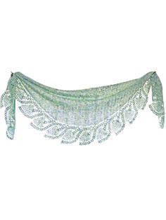 a green lace curtain hanging from the side with beads and leaves on it's edge