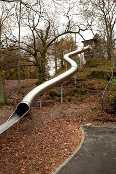 a slide that is in the middle of a park with trees and leaves around it