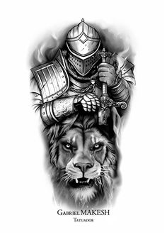 a black and white drawing of a lion wearing a knight's helmet on his head