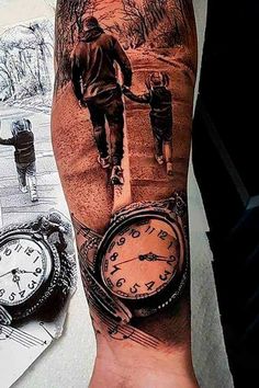 a man's arm with an image of two people holding hands and a clock on it