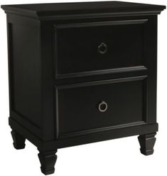 a black nightstand with two drawers on one side and an open drawer on the other