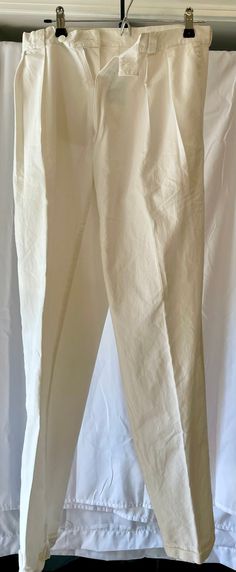 Vintage 80s Mens WilliWear Willi Smith Pleated White Lightweight Cotton Pants  Original Owner Very Good Used Condition, clean Size 33X32 Lightweight cotton Zipper fly closure with button placket Classic Spring Chinos With Button Closure, Classic White Chinos For Spring, Classic Cotton Pants For Daywear, Classic White Spring Chinos, Classic White Flat Front Pants, Classic Cotton Cream Pants, Classic Cream Cotton Pants, Classic White Chinos For Summer, Classic White Summer Chinos