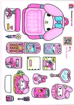 a pink sticker with various items in the shape of a cartoon character on it