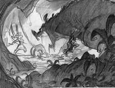 a black and white drawing of some animals in a cave with bats flying over them