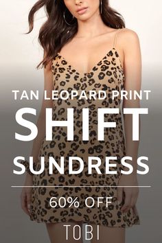 Save money on this short tan leopard print shift sundress. Catch the TOBI dresses online sale happening now! Get ready for sundress season by exploring the best sundresses for women in all styles and colors. Shop the best selection of cute cheap sundresses and inexpensive sundresses from TOBI. #shoptobi #tobisales #tobidressessale #sundress #shiftdress Summer Sundresses