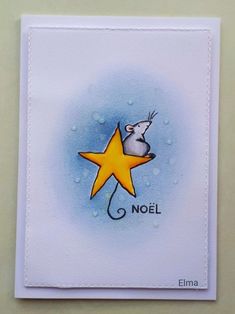 a card with an image of a mouse on top of a star and the words noel written below it