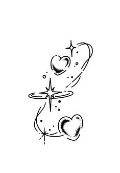 a black and white drawing of two hearts flying through the air with a star above them