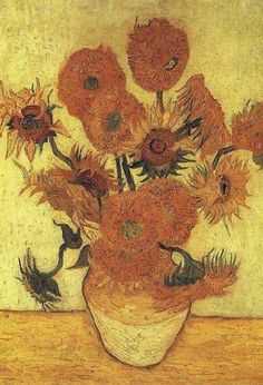 a painting of sunflowers in a vase on a table with a yellow background