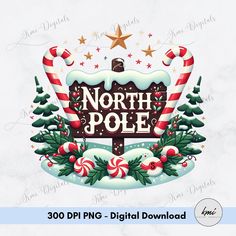 the north pole sign is surrounded by candy canes