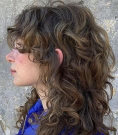 Cool Shag Haircut, Fem Mullet Curly, 2b Hair Mullet, Curly Layered Bangs, Extremely Layered Hair Medium, Mullets On Women Curly, Long Shaggy Mullet Wavy Hair, Shoulder Length Curly Hair Styles Half Up, Curly Hair Cuts Medium Length Layers