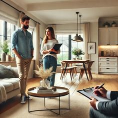 a man and woman standing in a living room looking at something on a clipboard