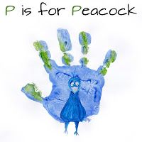 an image of a child's hand with the words p is for peacock on it