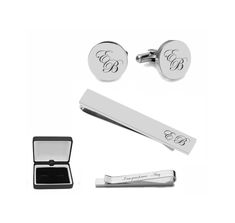 "This personalized silver cufflink tie bar set can be engraved with initials, a name or date. The three piece set is a great gift for the groom, best man and groomsmen for their tuxedos. Custom engraved tie clips and cufflinks are a timeless gift. High Polished Silver Cufflinks & Tie Bar Tie Bar 2.125\" x 0.25\" Cufflinks 0.625\" x 0.625\" Material: Stainless Steel Black Gift Box Included THERE ARE 3 WAYS TO PERSONALIZE YOUR CUFF LINKS PLEASE SEND US THE CHOICE YOU WOULD LIKE TO HAVE AT THE TIME OF THE ORDER #1  John (FIRST NAME) Smith (LAST NAME) Michael (MIDDLE NAME) (LAST NAME INITIAL IN THE MIDDLE IS LARGER) #2  John (FIRST NAME) Michael (MIDDLE NAME) Smith (LAST NAME) (SAME SIZE INITIALS)  #3  John (FIRST NAME) Smith (LAST NAME) NO MIDDLE NAME (SAME SIZE INITIALS)" Engraved Cuff, Personalized Cufflinks, Gold Cufflinks, Groomsmen Gifts, Silver Circle, Black Gift Boxes, Timeless Gifts, Silver Cufflinks, Tie Bar