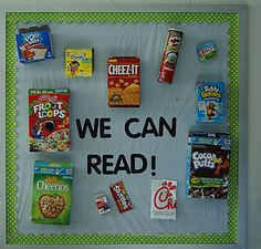 a bulletin board with candy and snacks on it that says, we can read?