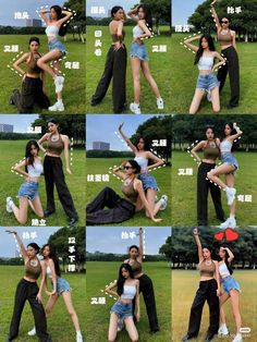 several pictures of people in various poses on the grass