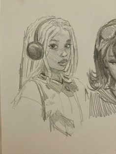 two drawings of girls with headphones on