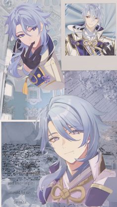 an anime character with blue hair and long gray hair, in front of two different pictures