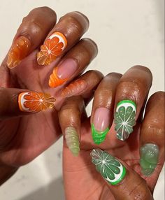 Lemon Drop Nails, Citrus Nail Designs, Kiwi Nails Acrylic, Square Fruit Nails, Jelly Fruit Nails, Fruit Acrylic Nails Design, Fruit Nails Art, Lime Nail Designs, Orange And Green Nails Acrylic