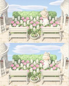 there are two pictures of a bench with flowers in the middle and on the other side