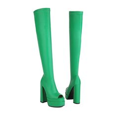 Looking for a fashion-forward and unique boot that will turn heads? Look no further than our gorgeous green thigh high boots! These stylish boots feature an open toe design and platform block heels for a look that's both fashionable and comfortable. Whether you're dressing up for a night out or just looking to add a pop of color to your outfit. these boots are sure to make a statement. Upper: Microfiber Lining: Leather Outsole: Rubber Toe: Open Toe Closure: Zip Heel: 14.5cm/6'' Platform: 5cm/5'' Trendy Green Chunky Platform Heels, Spring Platform High Heel Knee-high Boots, Spring High Heel Platform Knee-high Boots, Spring Chunky Platform Knee-high Heeled Boots, Spring Knee-high Chunky Platform Heeled Boots, Spring Knee-high Boots With Platform And High Heel, Spring Knee-high Heeled Boots With Chunky Platform, Knee-high Chunky Platform Heeled Boots For Spring, Green Platform Heels For Fall