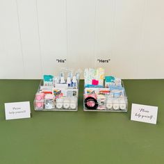 two plastic containers filled with personal care items on top of a green table next to each other