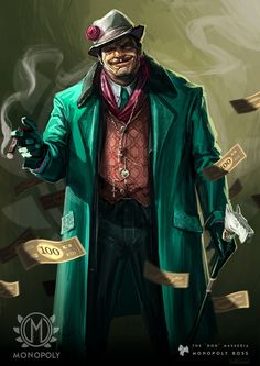 a man in a green coat and top hat holding a pipe with money coming out of it