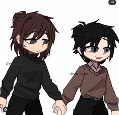 two anime characters are holding hands and one is wearing a black shirt with blue eyes