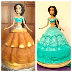 two cakes decorated to look like princesses, one in blue and the other in green