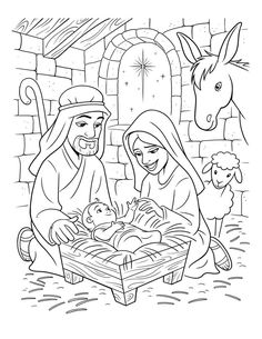 a nativity scene with the birth of jesus and baby jesus in black and white