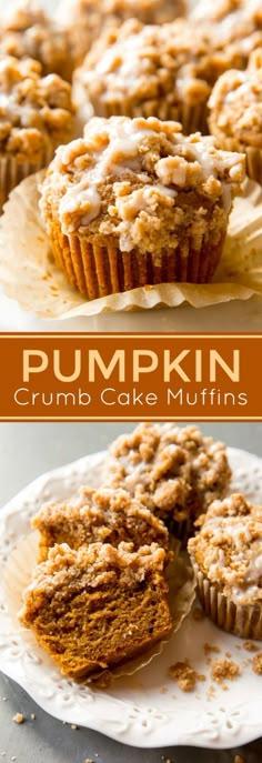 pumpkin crumb cake muffins on a white plate with the title above it