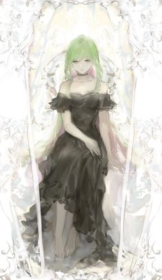 a digital painting of a woman in a black dress sitting on a chair with green hair