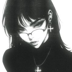 an anime character with glasses and a cross on her neck, staring at the camera