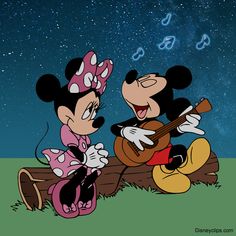 mickey and minnie playing the guitar in front of the night sky with music notes coming out of their ears