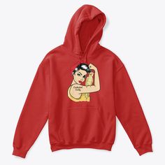 a red hoodie with an image of a woman's face on it and the word