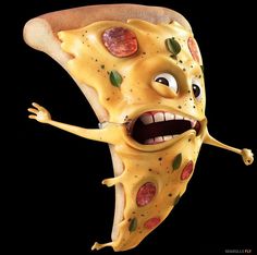 a slice of pizza with cheese and toppings on it's face is making a funny face