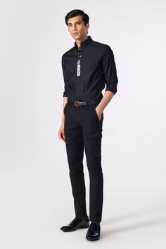 Black shirt with contrast faux leather placket and collar. - Aza Fashions Fitted Shirt With Contrast Collar For Work, Black Shirt With Welt Pockets For Work, Black Office Shirt With Concealed Placket, Stand Collar Shirt With Placket For Workwear, Workwear Shirt With Stand Collar And Placket, Black Top With Contrast Collar For Work, Black Workwear Top With Contrast Collar, Classic Black Shirt With Stand Collar, Classic Black Stand Collar Shirt