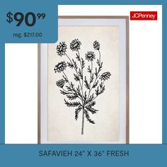 a black and white drawing of flowers on a blue background with the words safavieh 24 x 28 fresh $ 90