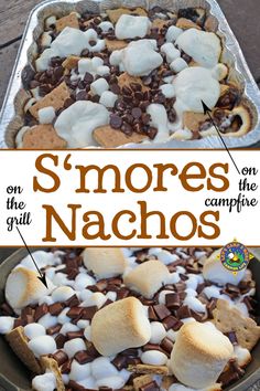 s'mores and marshmallows in a skillet on the grill