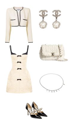 Chanel bag, Chanel blazer, Chanel earrings, Chanel chain, high heels, dress Chanel Fall Outfit, Chanel Two Piece Set, Old Chanel Outfit, Chanel Winter Aesthetic, Coco Chanel Outfit Ideas, Casual Royalty Outfits, Chanel Birthday Outfit, Cream Tweed Skirt Outfit, Chanel Outfits Women Casual