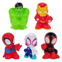 four different toy figurines in the shape of superheros and spider - man