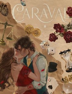 a painting of a couple kissing in front of gambling chips and dices with the words caraval on it