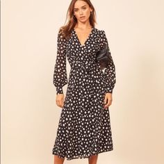 Super Elegant And Classy Midi Dress From Reformation Susanna Dress (Official Style Name) In Xs Cute Black And White Dot Pattern Would Be Great For Holiday Parties Classy Midi Dress, Classy Midi Dresses, Reformation Dress, Reformation Dresses, Polka Dot Pattern, Classy Dress, Dot Dress, Cute Black, White Polka Dot