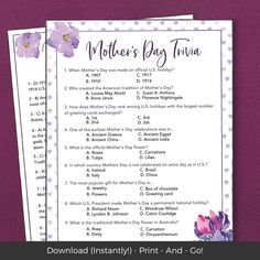 mother's day trivia with flowers and polka dots on the bottom, in purple