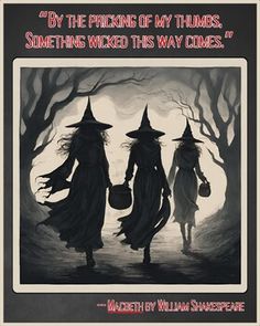 an old movie poster with two witches walking through the woods